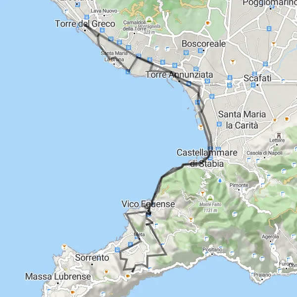 Miniatura della mappa di ispirazione al ciclismo "Scopri gli scavi di Oplonti e la costa campana" nella regione di Campania, Italy. Generata da Tarmacs.app, pianificatore di rotte ciclistiche
