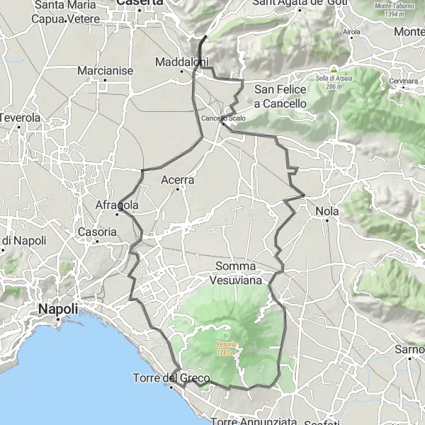 Miniatura della mappa di ispirazione al ciclismo "Giro in bici attraverso Ercolano e Ponti della Valle" nella regione di Campania, Italy. Generata da Tarmacs.app, pianificatore di rotte ciclistiche