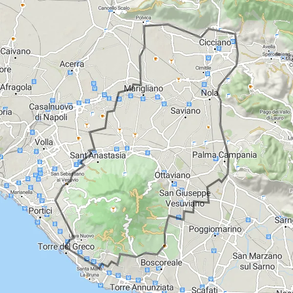 Map miniature of "Torre del Greco - Sant'Anastasia - Roccarainola - Palma Campania - Boscoreale" cycling inspiration in Campania, Italy. Generated by Tarmacs.app cycling route planner