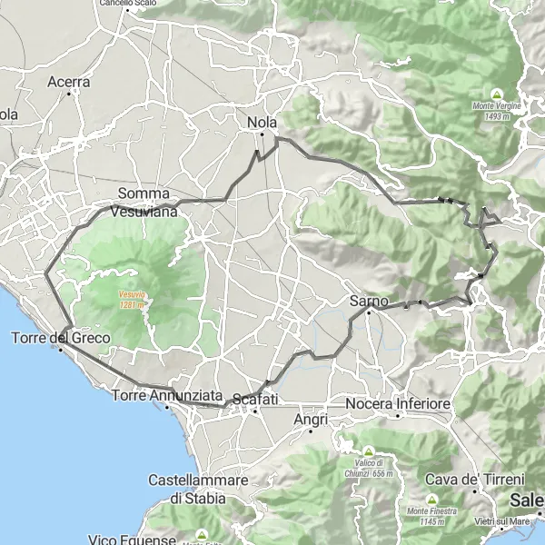 Map miniature of "Torre del Greco - Ercolano - Somma Vesuviana - Poggio Tirone - Sarno - Panorama - Torre Annunziata" cycling inspiration in Campania, Italy. Generated by Tarmacs.app cycling route planner