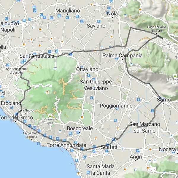 Map miniature of "Torre del Greco - Sant'Anastasia - Pago del Vallo di Lauro - Cima BICIAmoci - Sarno - Panorama - Torre Annunziata" cycling inspiration in Campania, Italy. Generated by Tarmacs.app cycling route planner