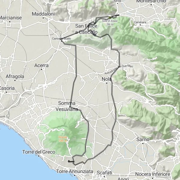 Map miniature of "Mountain Challenge" cycling inspiration in Campania, Italy. Generated by Tarmacs.app cycling route planner