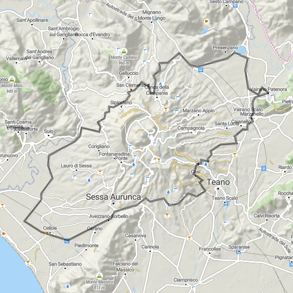 Map miniature of "Vairano-Patenora to Pizzo La Guardia" cycling inspiration in Campania, Italy. Generated by Tarmacs.app cycling route planner
