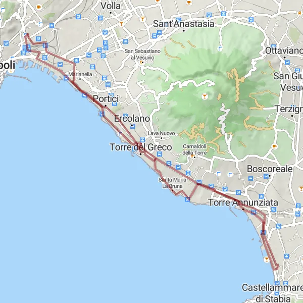 Miniatura della mappa di ispirazione al ciclismo "Gravel tour tra Torre del Greco e Rovigliano" nella regione di Campania, Italy. Generata da Tarmacs.app, pianificatore di rotte ciclistiche