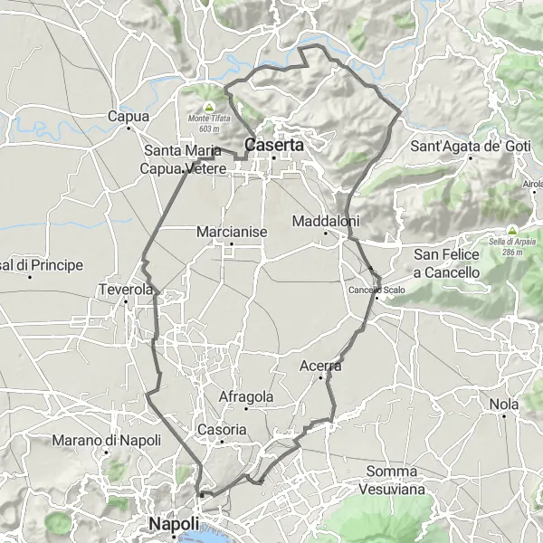Miniatura della mappa di ispirazione al ciclismo "Tour ciclistico tra Gricignano di Aversa e Monte Croce Santa" nella regione di Campania, Italy. Generata da Tarmacs.app, pianificatore di rotte ciclistiche