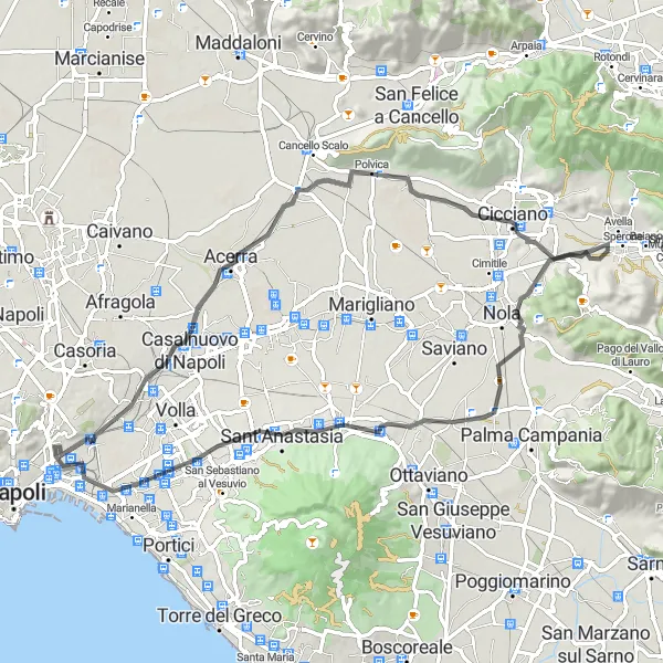 Miniatura della mappa di ispirazione al ciclismo "Giro in bicicletta da Vicaria a Cercola" nella regione di Campania, Italy. Generata da Tarmacs.app, pianificatore di rotte ciclistiche