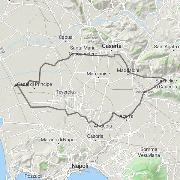 Miniatura della mappa di ispirazione al ciclismo "Giro in bicicletta stradale di 93 km da Villa Literno" nella regione di Campania, Italy. Generata da Tarmacs.app, pianificatore di rotte ciclistiche