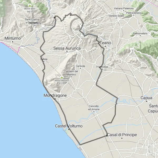 Miniatura della mappa di ispirazione al ciclismo "Viaggio epico da Castel Volturno a Grazzanise" nella regione di Campania, Italy. Generata da Tarmacs.app, pianificatore di rotte ciclistiche