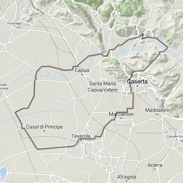 Miniatura della mappa di ispirazione al ciclismo "Il Giro di Limatola e Trentola Ducenta" nella regione di Campania, Italy. Generata da Tarmacs.app, pianificatore di rotte ciclistiche