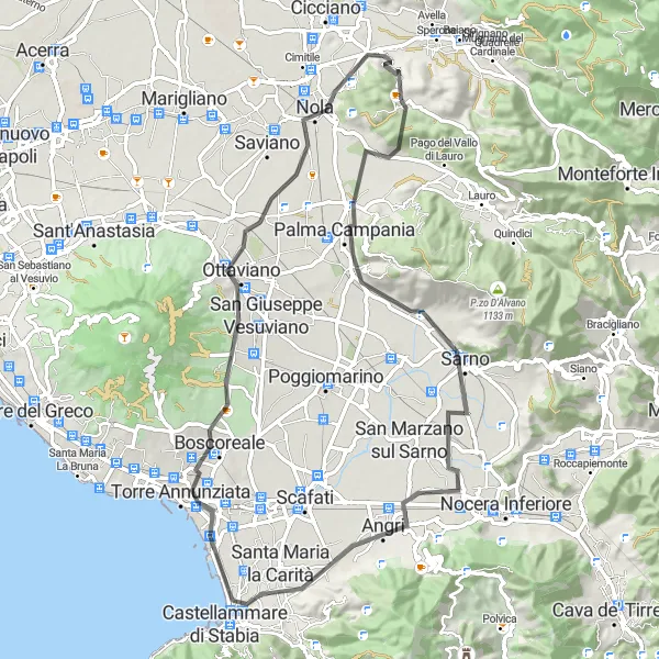 Miniatura della mappa di ispirazione al ciclismo "Giro in bici stradale da Visciano ad Angri" nella regione di Campania, Italy. Generata da Tarmacs.app, pianificatore di rotte ciclistiche