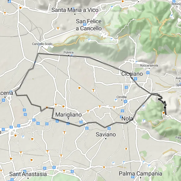 Miniatura della mappa di ispirazione al ciclismo "Giro in bici stradale da Visciano a Nola" nella regione di Campania, Italy. Generata da Tarmacs.app, pianificatore di rotte ciclistiche