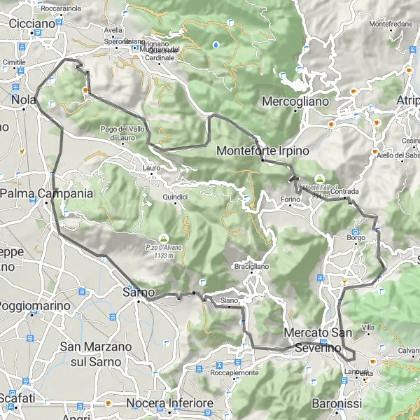 Miniatura della mappa di ispirazione al ciclismo "Tour in bicicletta tra Monte Donico e Nola" nella regione di Campania, Italy. Generata da Tarmacs.app, pianificatore di rotte ciclistiche