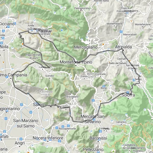 Miniatura della mappa di ispirazione al ciclismo "Avventura in bicicletta tra Avella e Sarno" nella regione di Campania, Italy. Generata da Tarmacs.app, pianificatore di rotte ciclistiche