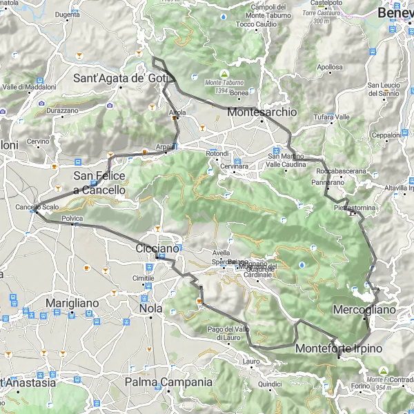 Miniatura della mappa di ispirazione al ciclismo "Giro in bici stradale da Visciano a Taurano" nella regione di Campania, Italy. Generata da Tarmacs.app, pianificatore di rotte ciclistiche