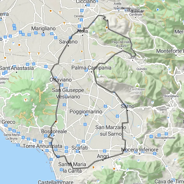 Map miniature of "The Pagani Adventure" cycling inspiration in Campania, Italy. Generated by Tarmacs.app cycling route planner