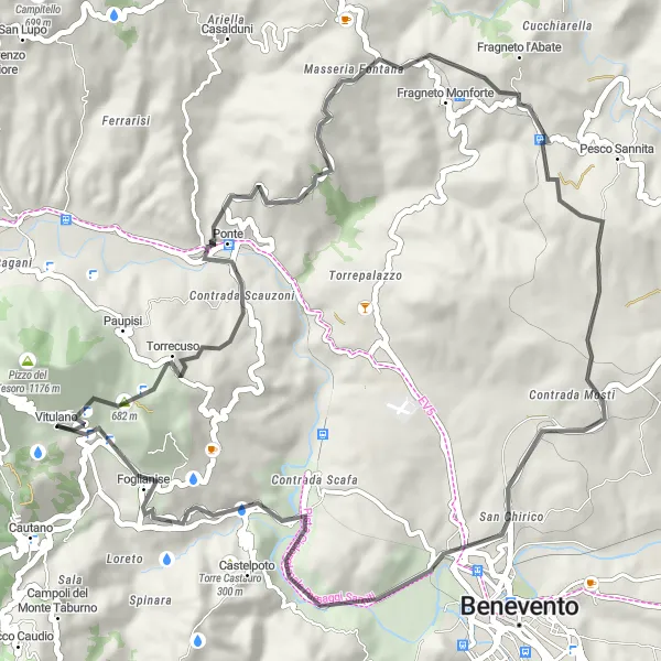 Map miniature of "Fragneto Monforte and Foglianise Loop" cycling inspiration in Campania, Italy. Generated by Tarmacs.app cycling route planner