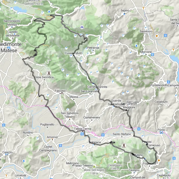 Map miniature of "Vitulano Adventure: Road Cycling with Scenic Views" cycling inspiration in Campania, Italy. Generated by Tarmacs.app cycling route planner