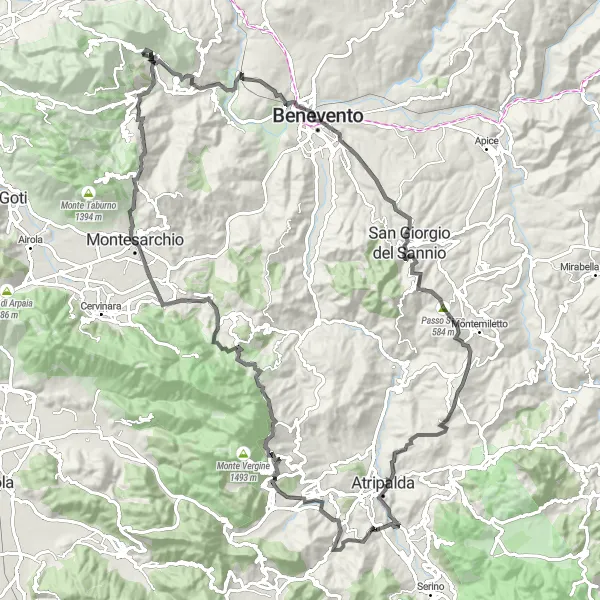 Map miniature of "Scenic Road Cycling Route from Vitulano to Cirignano" cycling inspiration in Campania, Italy. Generated by Tarmacs.app cycling route planner