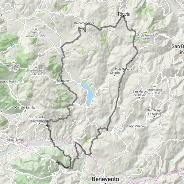 Map miniature of "Challenge Yourself: Scenic Road Cycling Route from Vitulano to Sella Canala" cycling inspiration in Campania, Italy. Generated by Tarmacs.app cycling route planner