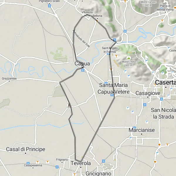 Map miniature of "The Capuan Landscapes" cycling inspiration in Campania, Italy. Generated by Tarmacs.app cycling route planner