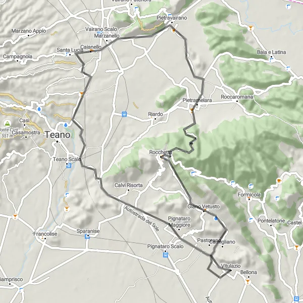 Miniatura della mappa di ispirazione al ciclismo "Percorso in bicicletta da Vitulazio a Giano Vetusto" nella regione di Campania, Italy. Generata da Tarmacs.app, pianificatore di rotte ciclistiche