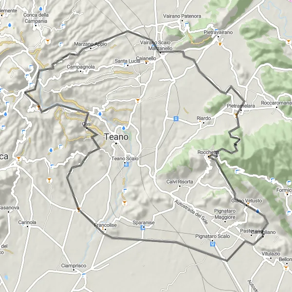 Miniatura della mappa di ispirazione al ciclismo "Giro in bicicletta tra Vitulazio e Camigliano" nella regione di Campania, Italy. Generata da Tarmacs.app, pianificatore di rotte ciclistiche