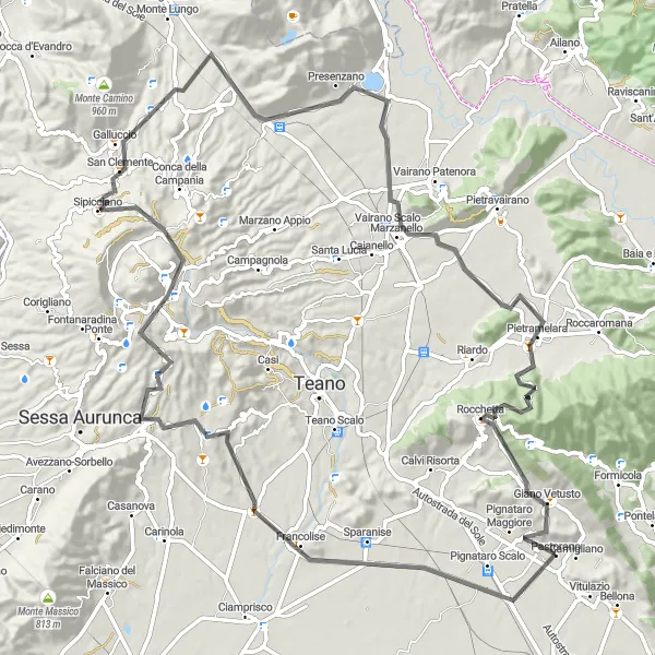 Miniatura della mappa di ispirazione al ciclismo "Giro in bicicletta da Vitulazio a Pastorano" nella regione di Campania, Italy. Generata da Tarmacs.app, pianificatore di rotte ciclistiche