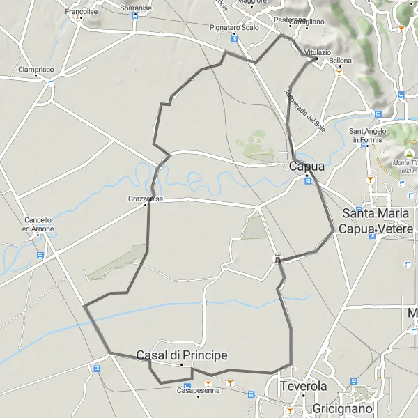 Miniatura della mappa di ispirazione al ciclismo "Giro circolare in bicicletta vicino a Vitulazio" nella regione di Campania, Italy. Generata da Tarmacs.app, pianificatore di rotte ciclistiche