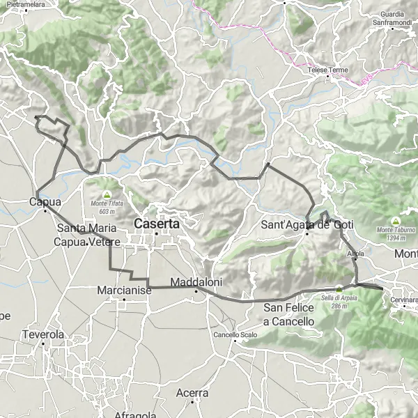 Miniatura della mappa di ispirazione al ciclismo "Avventuroso giro in bicicletta da Vitulazio a La Colla" nella regione di Campania, Italy. Generata da Tarmacs.app, pianificatore di rotte ciclistiche