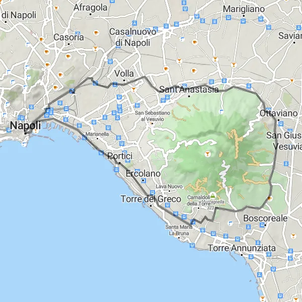 Miniatura della mappa di ispirazione al ciclismo "Giro in bici da Vomero a Ottaviano e ritorno" nella regione di Campania, Italy. Generata da Tarmacs.app, pianificatore di rotte ciclistiche