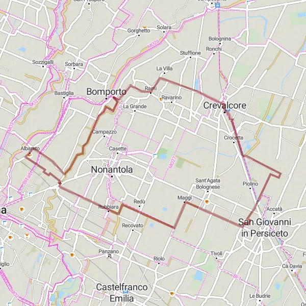 Map miniature of "Off-the-Beaten-Path Gravel Adventure" cycling inspiration in Emilia-Romagna, Italy. Generated by Tarmacs.app cycling route planner