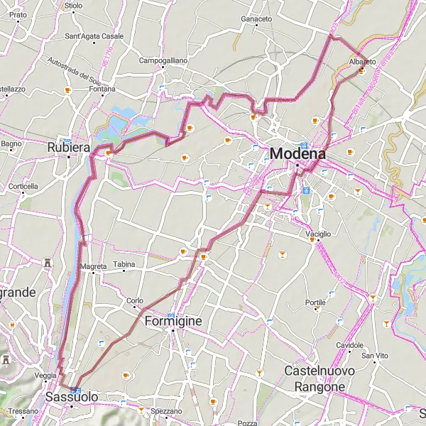 Miniatua del mapa de inspiración ciclista "Ruta de Baggiovara a Lesignana" en Emilia-Romagna, Italy. Generado por Tarmacs.app planificador de rutas ciclistas