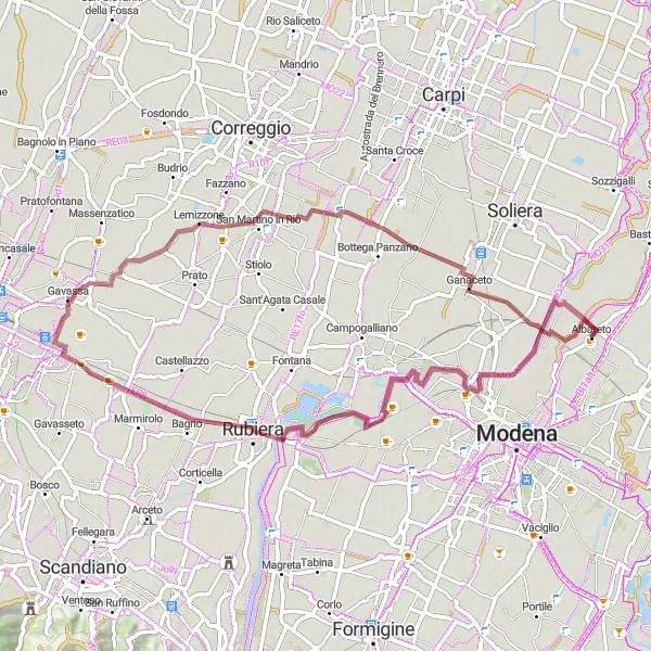 Karttaminiaatyyri "Metsäreitti Albaretosta San Martino in Rioon" pyöräilyinspiraatiosta alueella Emilia-Romagna, Italy. Luotu Tarmacs.app pyöräilyreittisuunnittelijalla