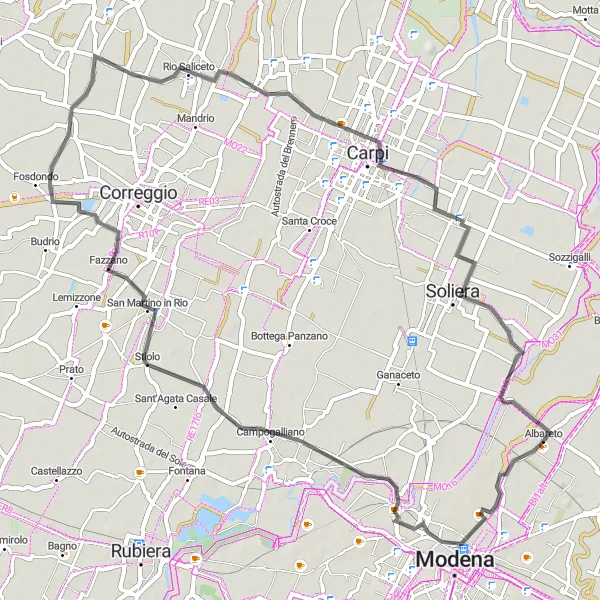 Miniatua del mapa de inspiración ciclista "Ruta de Lesignana a Rio Saliceto" en Emilia-Romagna, Italy. Generado por Tarmacs.app planificador de rutas ciclistas