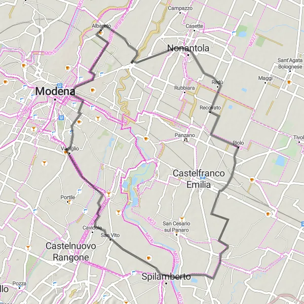 Miniatura mapy "Przejazd szosowy do Spilamberto i San Donnino" - trasy rowerowej w Emilia-Romagna, Italy. Wygenerowane przez planer tras rowerowych Tarmacs.app