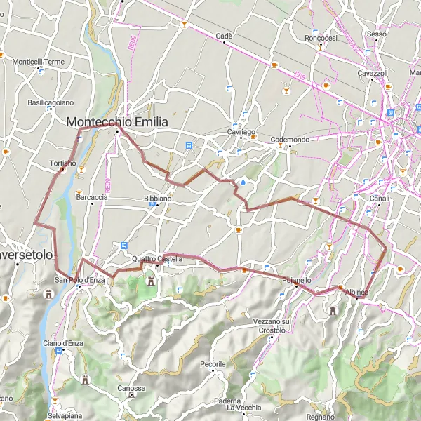 Map miniature of "Quattro Castella - Bianello - San Polo d'Enza - Montechiarugolo - San Rigo - Albinea Gravel Cycling Route" cycling inspiration in Emilia-Romagna, Italy. Generated by Tarmacs.app cycling route planner