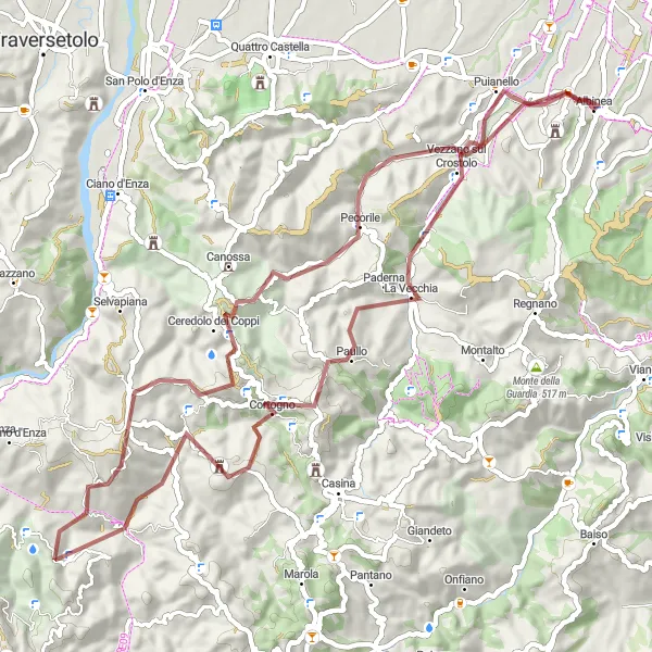 Miniatuurkaart van de fietsinspiratie "Gravelavontuur langs Monte Castellaro en Monte Leone" in Emilia-Romagna, Italy. Gemaakt door de Tarmacs.app fietsrouteplanner