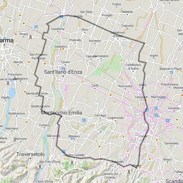 Map miniature of "Quattro Castella - Bianello - Montechiarugolo - Sorbolo - Castelnovo di Sotto - Sesso - Albinea Road Cycling Route" cycling inspiration in Emilia-Romagna, Italy. Generated by Tarmacs.app cycling route planner