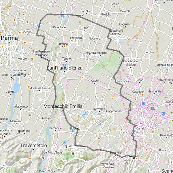 Miniatua del mapa de inspiración ciclista "Ruta de ciclismo por carretera a Albinea y sus alrededores" en Emilia-Romagna, Italy. Generado por Tarmacs.app planificador de rutas ciclistas