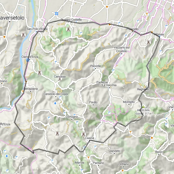Zemljevid v pomanjšavi "Krožna kolesarska pot okoli Albinee" kolesarske inspiracije v Emilia-Romagna, Italy. Generirano z načrtovalcem kolesarskih poti Tarmacs.app