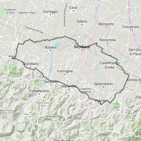 Map miniature of "Masone - Campogalliano - Modena - Panzano - Bazzano - Castelvetro di Modena - Sassuolo - Tre Croci - Albinea Road Cycling Route" cycling inspiration in Emilia-Romagna, Italy. Generated by Tarmacs.app cycling route planner