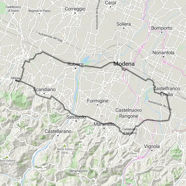 Map miniature of "Modena Hills Circuit" cycling inspiration in Emilia-Romagna, Italy. Generated by Tarmacs.app cycling route planner