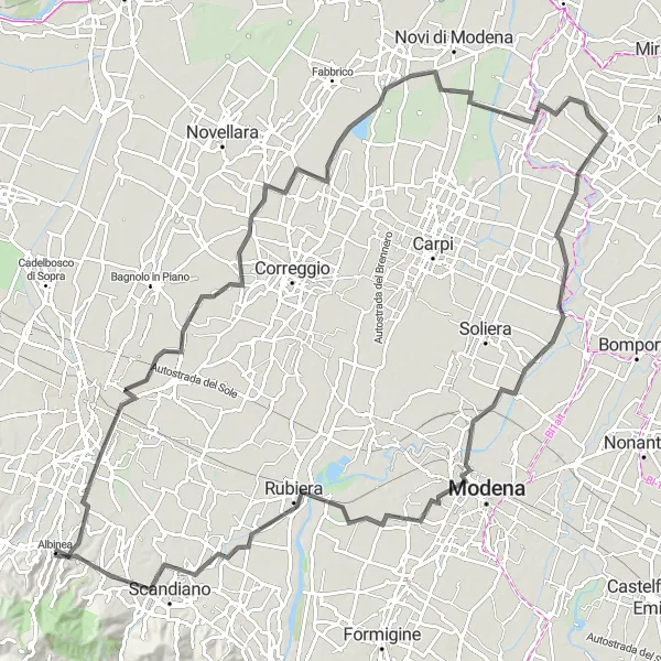 Mapa miniatúra "Cestná trasa cez Albineu" cyklistická inšpirácia v Emilia-Romagna, Italy. Vygenerované cyklistickým plánovačom trás Tarmacs.app