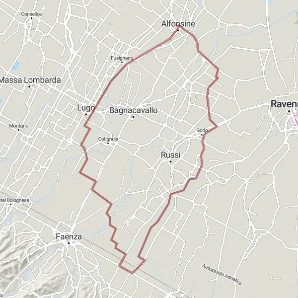 Zemljevid v pomanjšavi "Gravel bike ride to Mezzano and Godo" kolesarske inspiracije v Emilia-Romagna, Italy. Generirano z načrtovalcem kolesarskih poti Tarmacs.app