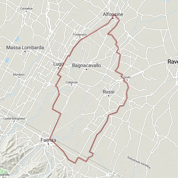 Map miniature of "Villanova-Faenza Loop" cycling inspiration in Emilia-Romagna, Italy. Generated by Tarmacs.app cycling route planner