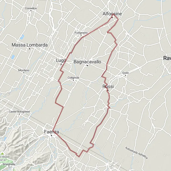 Kartminiatyr av "Villanova di Bagnacavallo till Fusignano grusväg cykeltur" cykelinspiration i Emilia-Romagna, Italy. Genererad av Tarmacs.app cykelruttplanerare