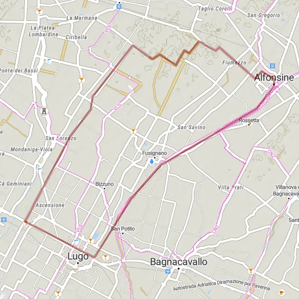 Map miniature of "Lugo to Alfonsine Excursion" cycling inspiration in Emilia-Romagna, Italy. Generated by Tarmacs.app cycling route planner