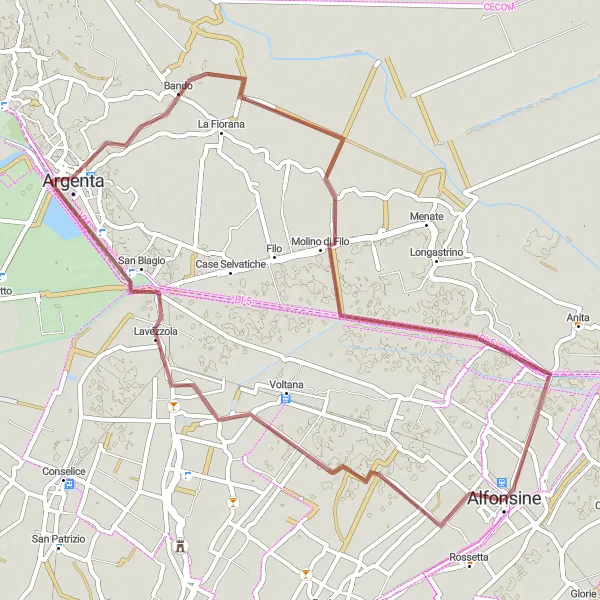 Miniaturní mapa "Gravelová cesta skrz venkovskou Emilia-Romagna" inspirace pro cyklisty v oblasti Emilia-Romagna, Italy. Vytvořeno pomocí plánovače tras Tarmacs.app