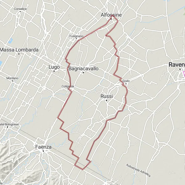 Miniatua del mapa de inspiración ciclista "Ruta de Grava Alfonsine-Godo-Cotignola" en Emilia-Romagna, Italy. Generado por Tarmacs.app planificador de rutas ciclistas