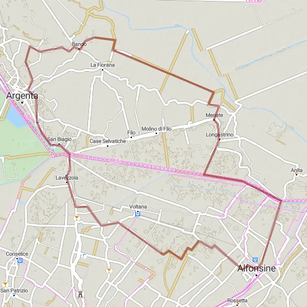 Miniatua del mapa de inspiración ciclista "Ruta de Grava Alfonsine-Argenta-Madonna del Bosco" en Emilia-Romagna, Italy. Generado por Tarmacs.app planificador de rutas ciclistas